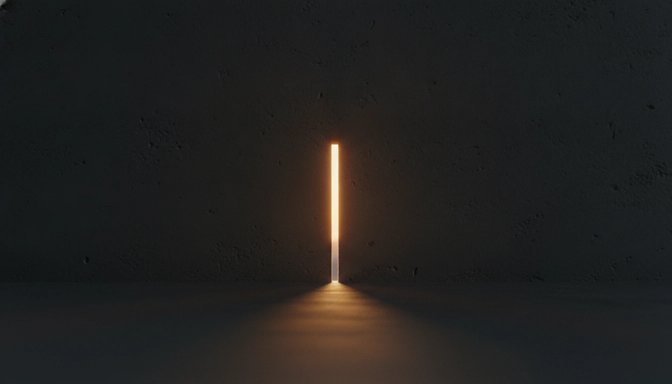 Dunkle Wand mit einem schmalen, warm leuchtenden Lichtspalt